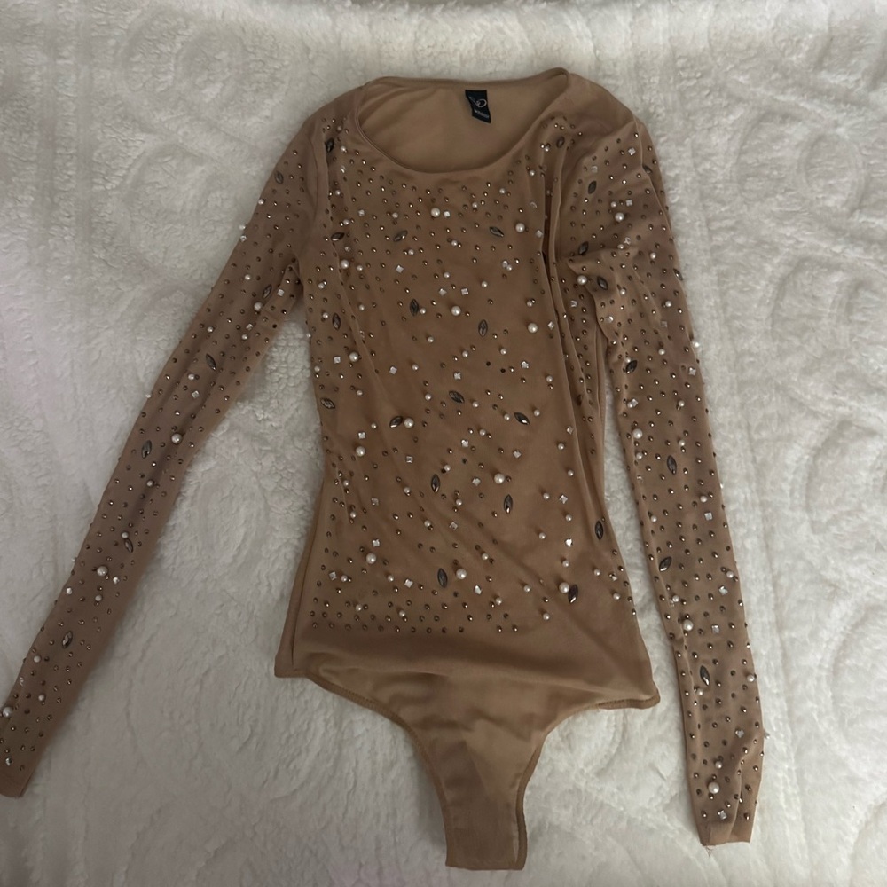 Windsor Mesh Pearl Rhinestone Tan Long Sleeve Bodysuit